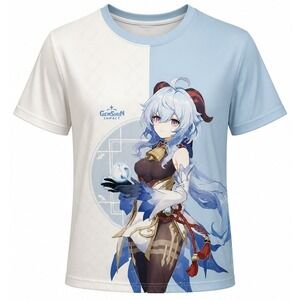 Genshin Impact Unisex T-Shirt 2XL Blue White Anime Aesthetic, Streetwear